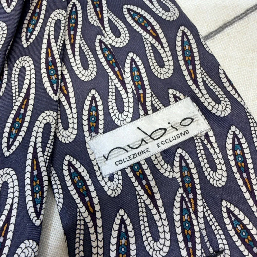 Rubio Silk‎ Necktie Boho Navy Blue Abstract Paisley Collezione Esclusivo